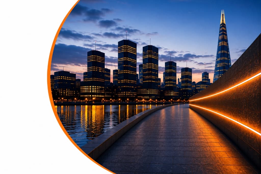 London skyline at dusk featuring illuminated corporate architecture