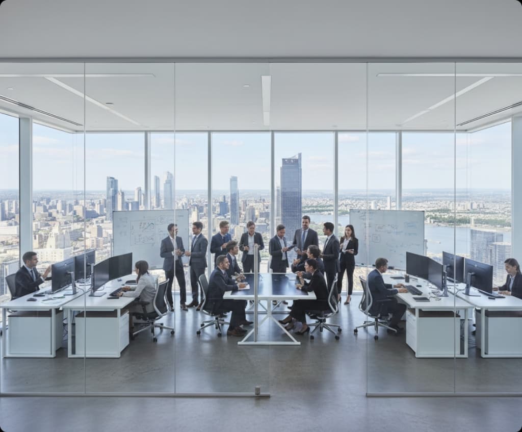 Professional corporate team collaborating in a modern glass boardroom