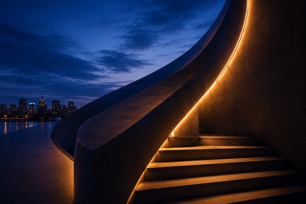 Architectural illuminated spiral staircase leading upwards at night