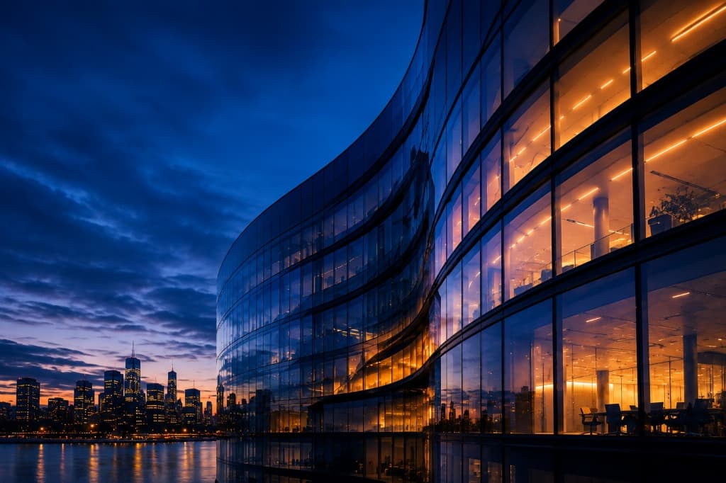 Modern illuminated corporate architecture glass building at dusk