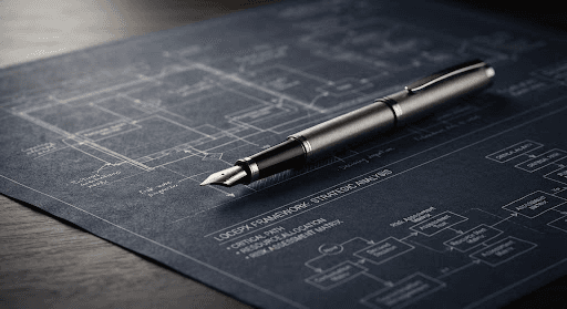 LOCEPX Strategic Analysis framework blueprint with executive fountain pen