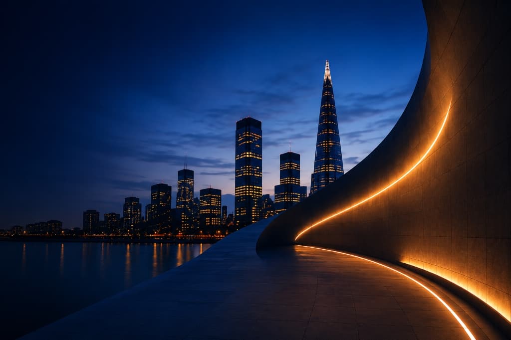 London skyline at twilight with The Shard and glowing architectural curve