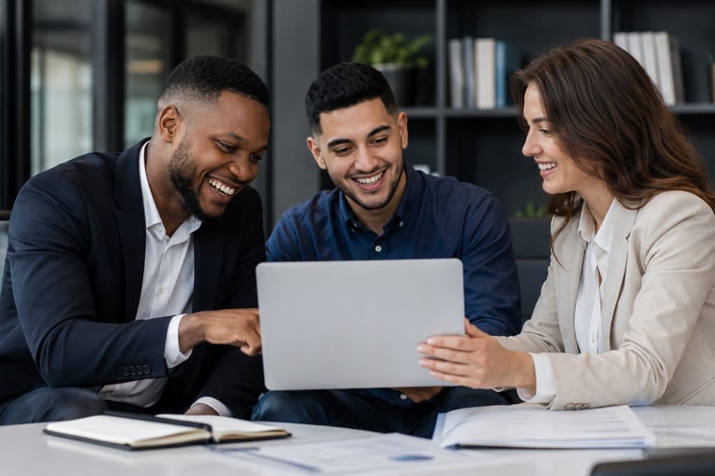 Diverse executive team collaborating around a laptop